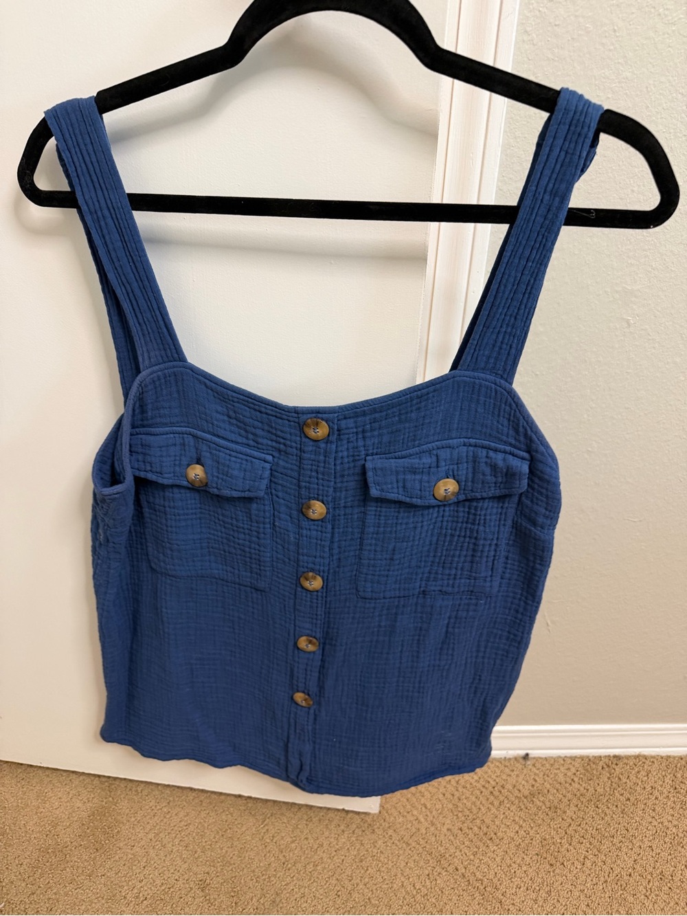 Sézane Blue Samuel Button-Front Textured Cotton Tank